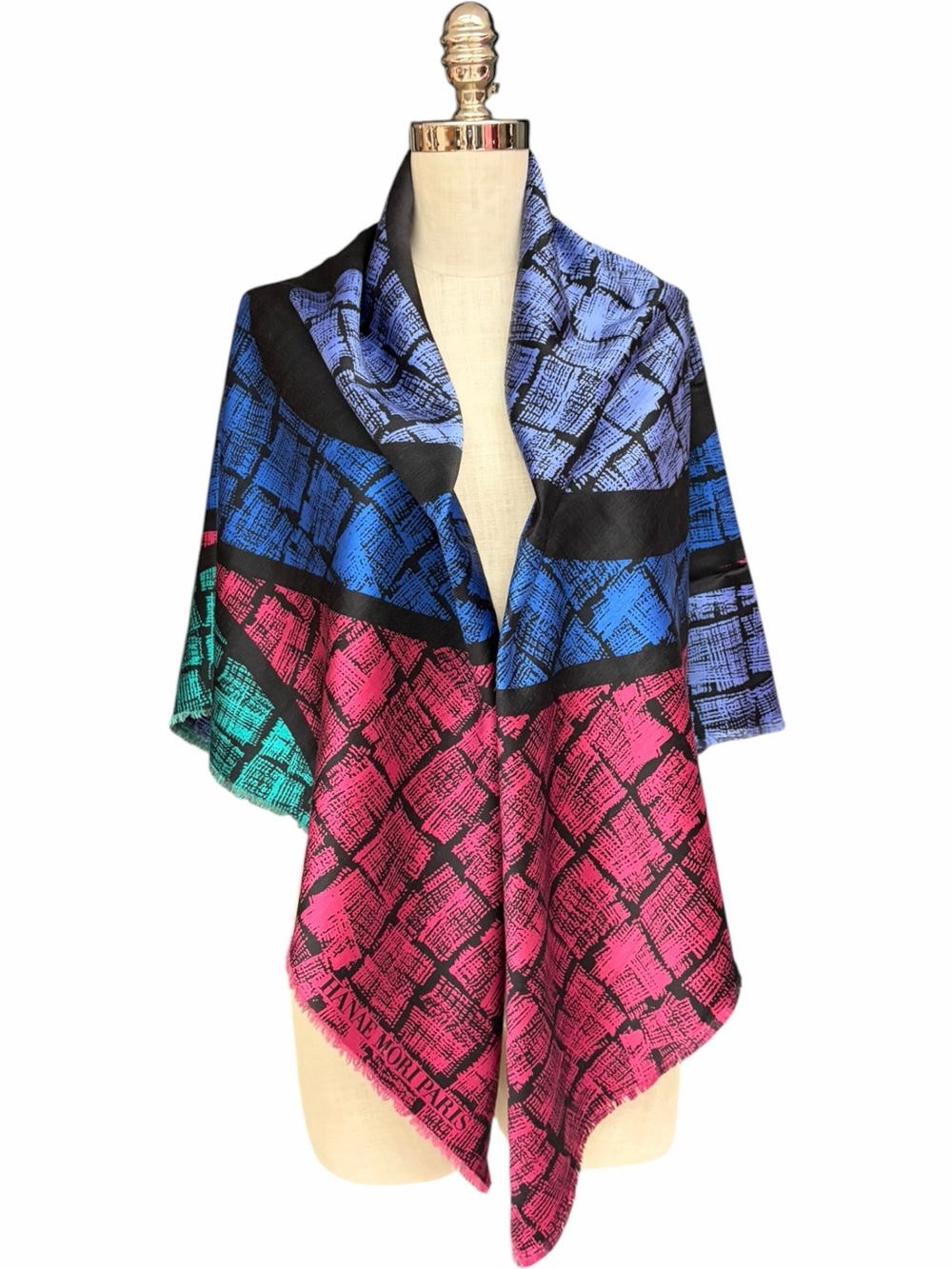 Vintage Hanae Mori Paris Wool Silk Oversized Shawl Scarf Butterfly Jewel Tones